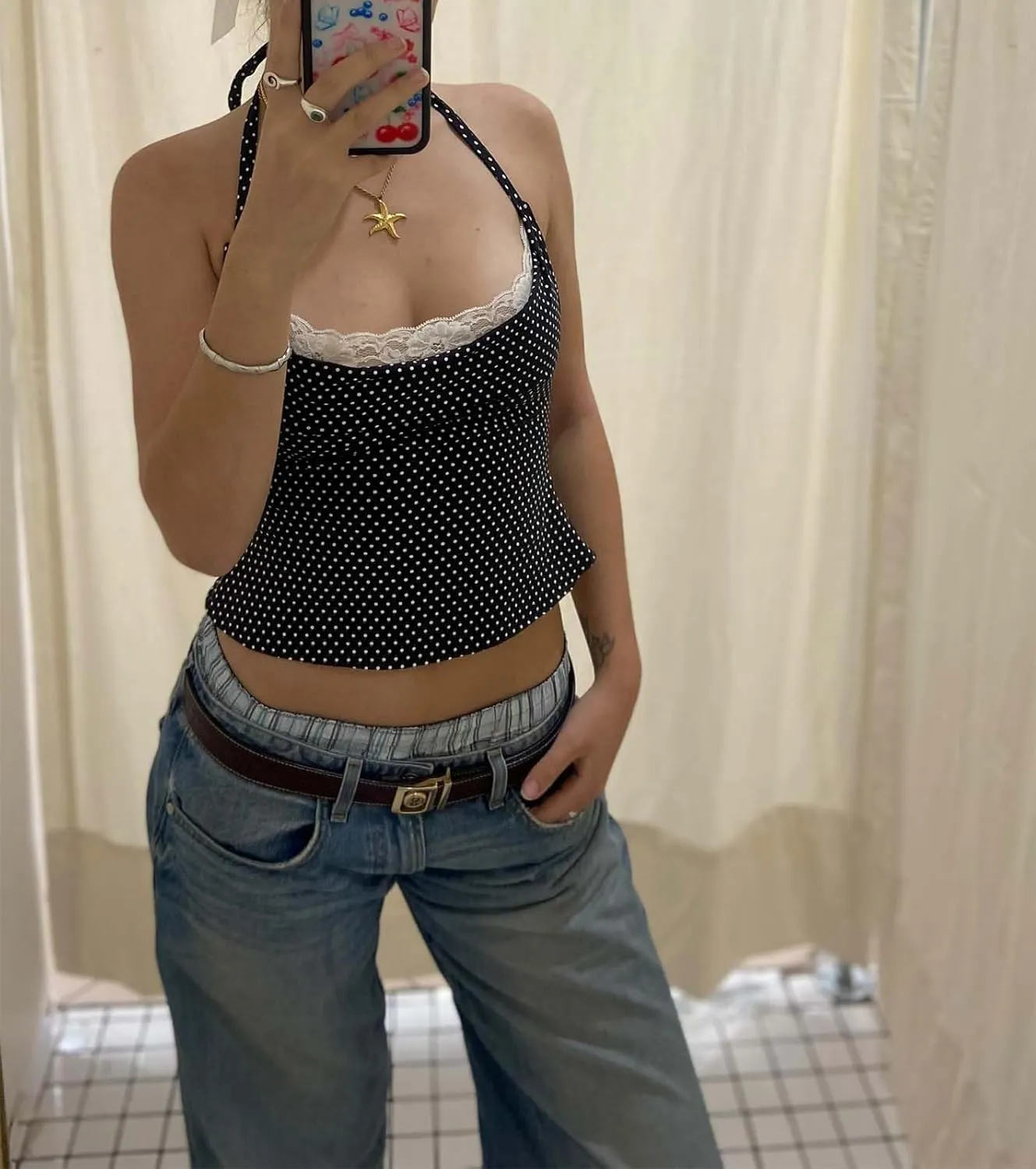 Muineobuka Women Y2K Striped Halter Top Tie Back Sleeveless Slim Fit Backless Tank Top Folding Crop Camisole Streetwear