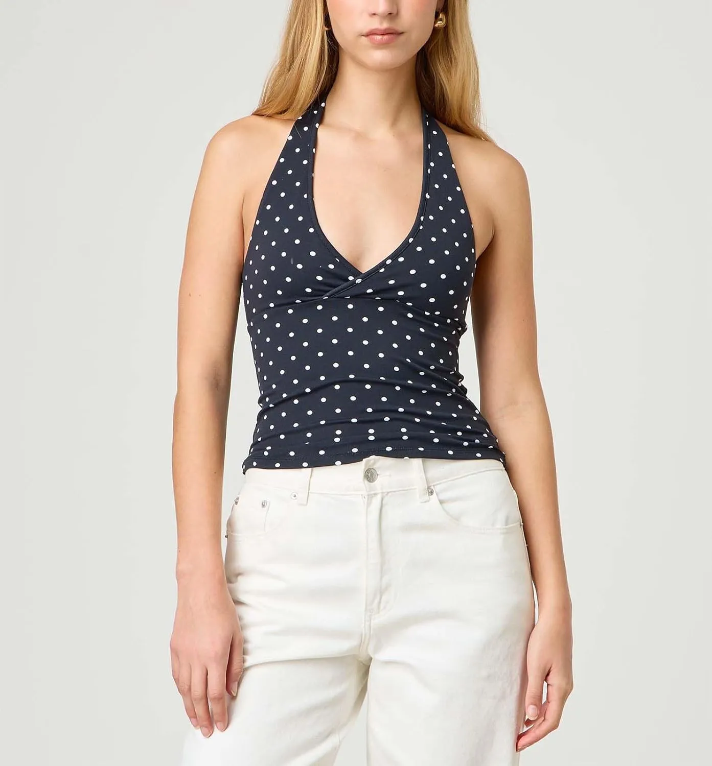 Muineobuka Women Y2K Striped Halter Top Tie Back Sleeveless Slim Fit Backless Tank Top Folding Crop Camisole Streetwear