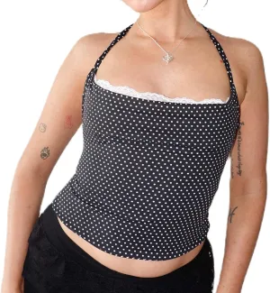 Muineobuka Women Y2K Striped Halter Top Tie Back Sleeveless Slim Fit Backless Tank Top Folding Crop Camisole Streetwear