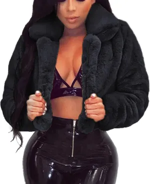 nerohusy Women Fluffy Fleece Coat Faux Fur Padded Jackets Winter Warm Long Sleeve Tops Solid Loose Turn-Down Collar Outerwear