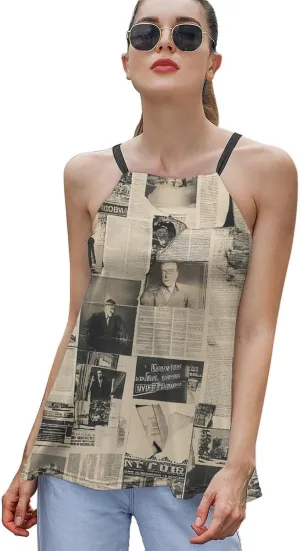 Newspaper Print Women's Tank Top Sleeveless Spaghetti Strap Loose Casual Top Summer Beach Vacation Outfits Flowy Camisole