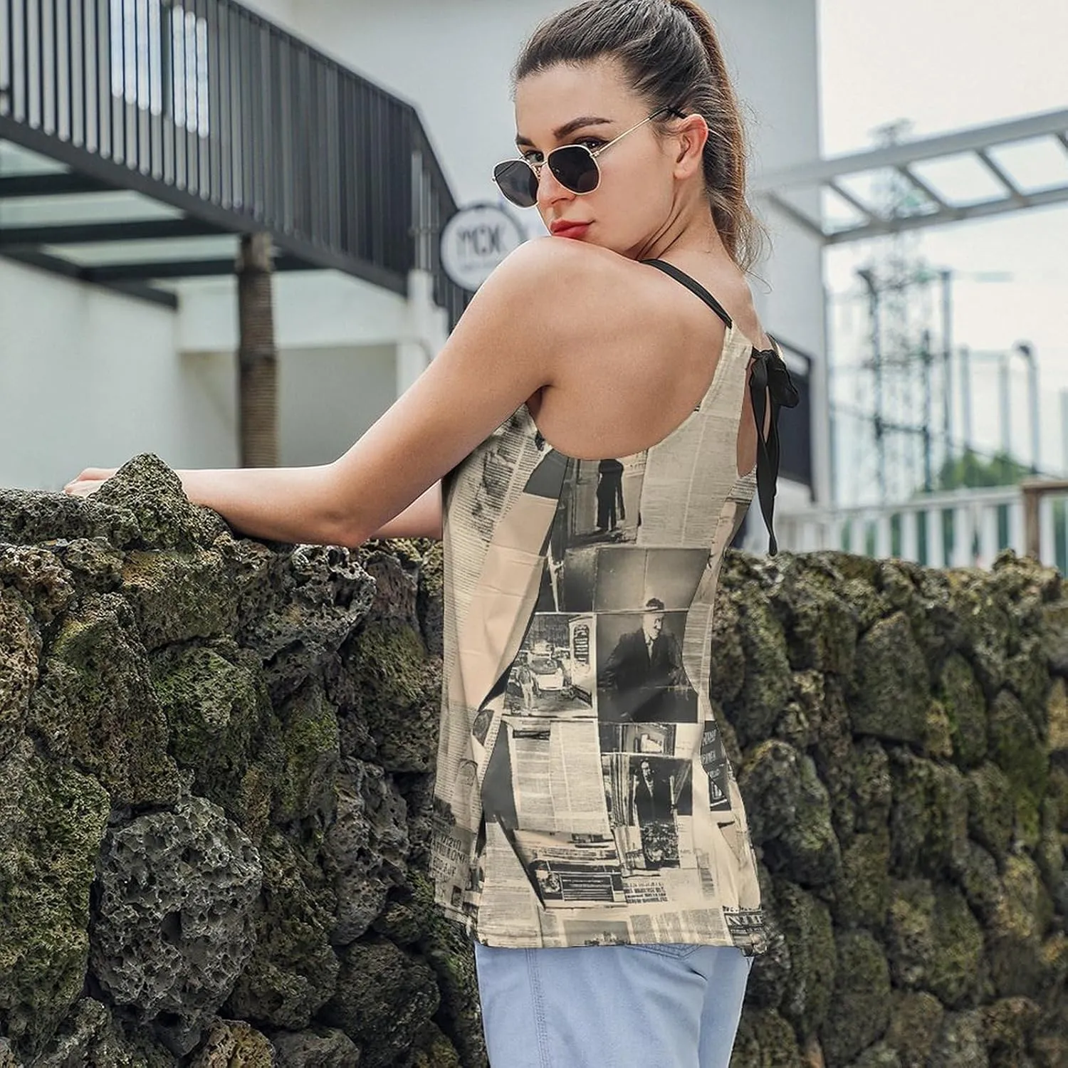 Newspaper Print Women's Tank Top Sleeveless Spaghetti Strap Loose Casual Top Summer Beach Vacation Outfits Flowy Camisole