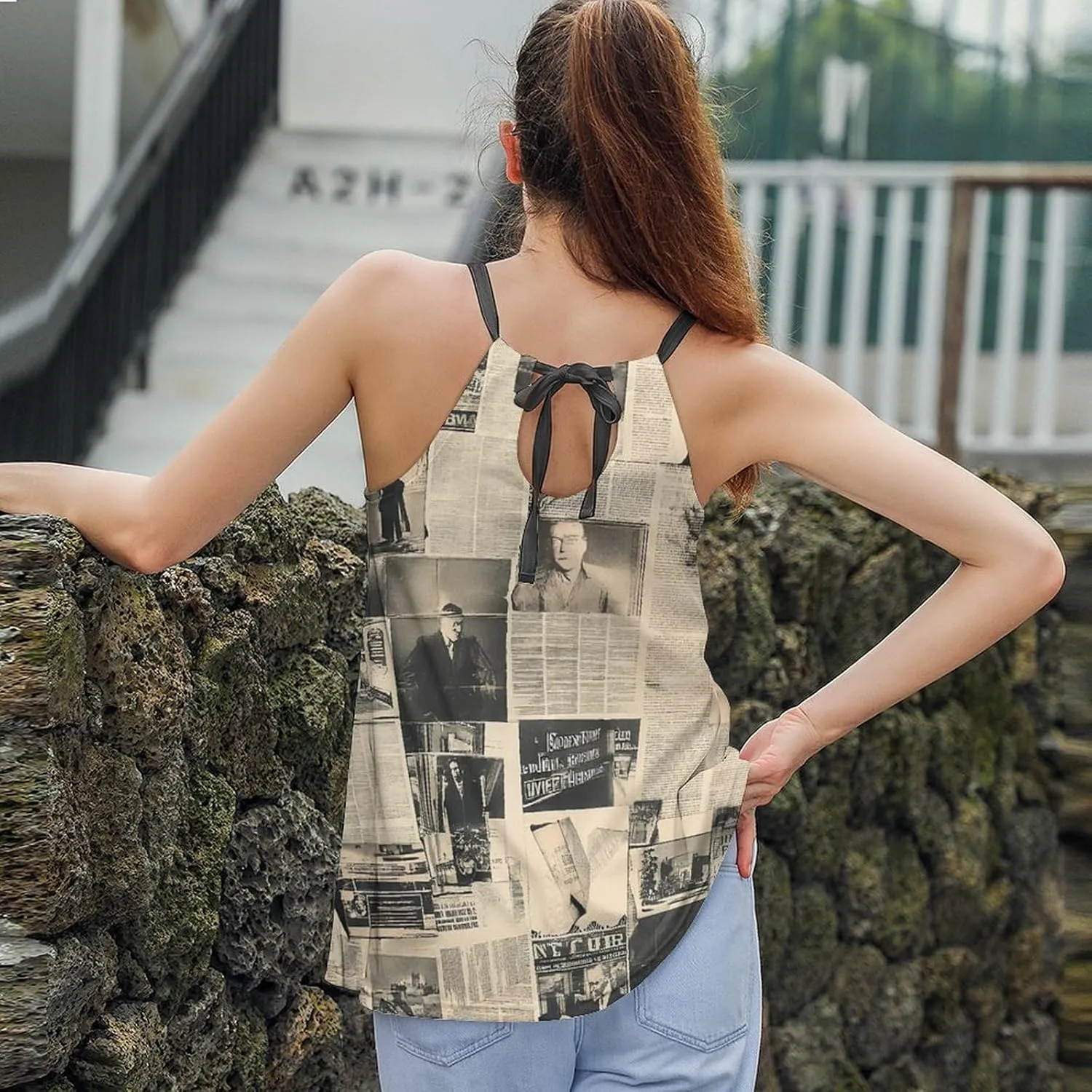 Newspaper Print Women's Tank Top Sleeveless Spaghetti Strap Loose Casual Top Summer Beach Vacation Outfits Flowy Camisole