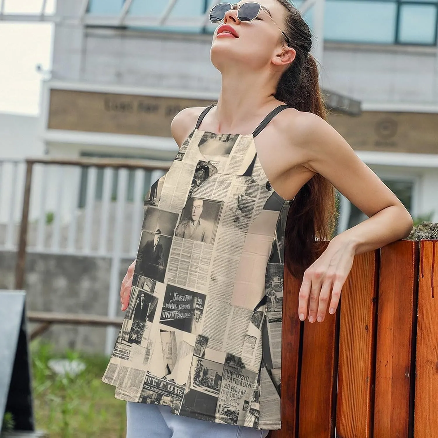 Newspaper Print Women's Tank Top Sleeveless Spaghetti Strap Loose Casual Top Summer Beach Vacation Outfits Flowy Camisole