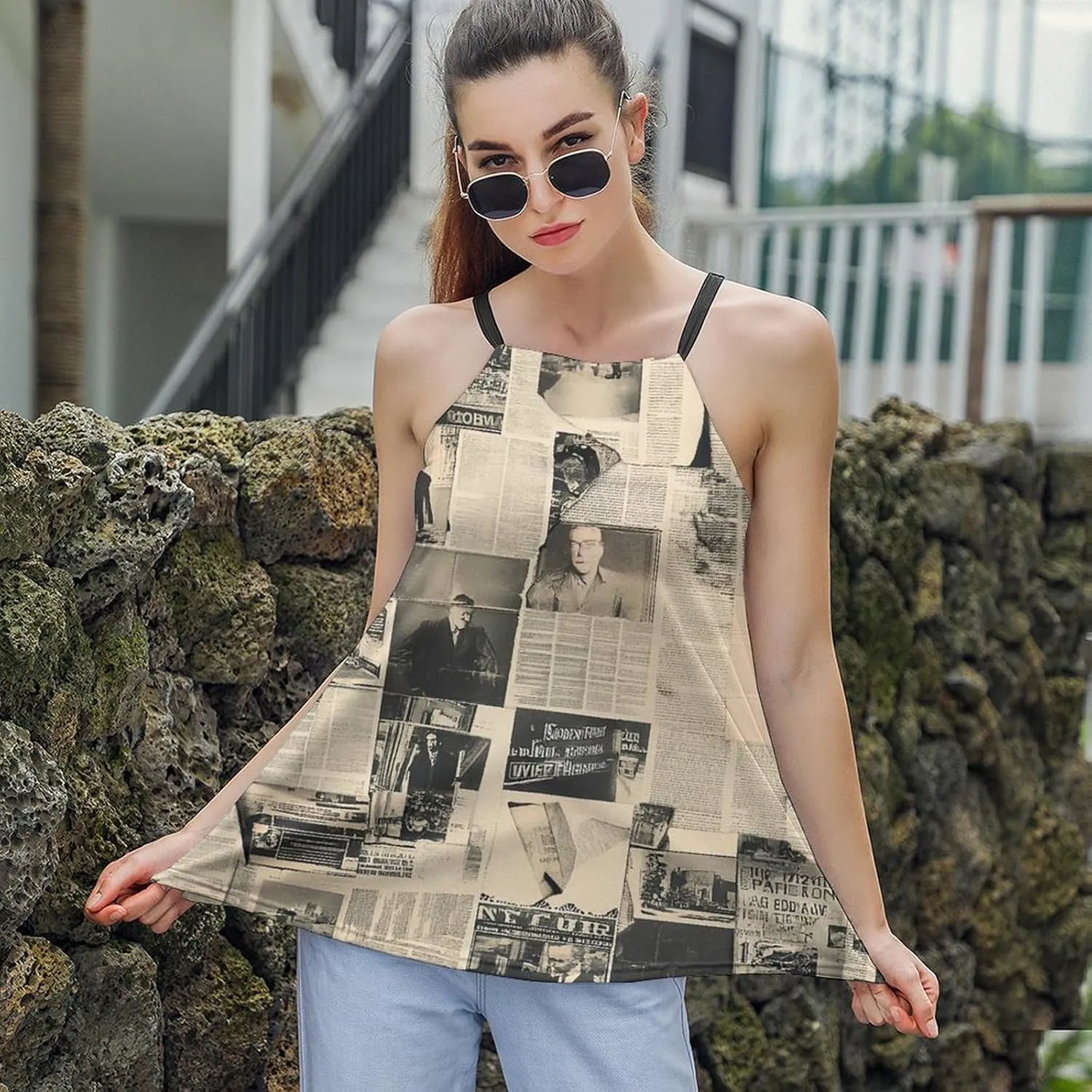Newspaper Print Women's Tank Top Sleeveless Spaghetti Strap Loose Casual Top Summer Beach Vacation Outfits Flowy Camisole