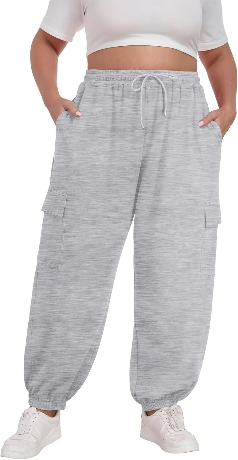 OLRIK Plus Size Pants 2025 Trendy Cargo Sweatpants Adjustable Drawstring Joggers Loose Fit Lounge Trousers with Pockets