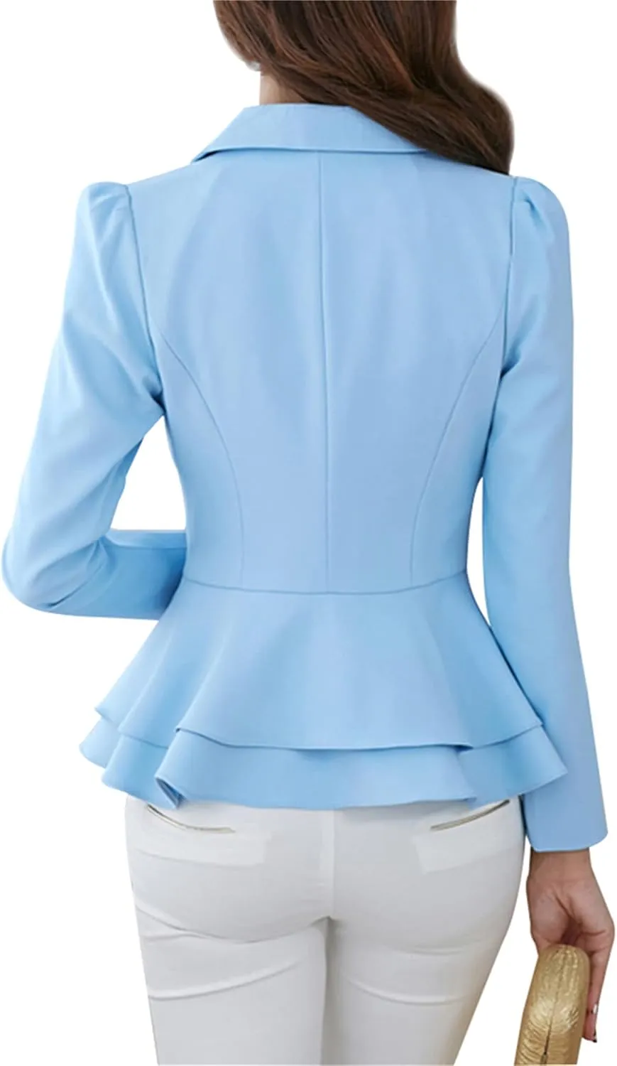 OMZIN Women's Casual Long Sleeve Blazer Work Office Blazer Ruffled Back Blazer Solid Button Coat