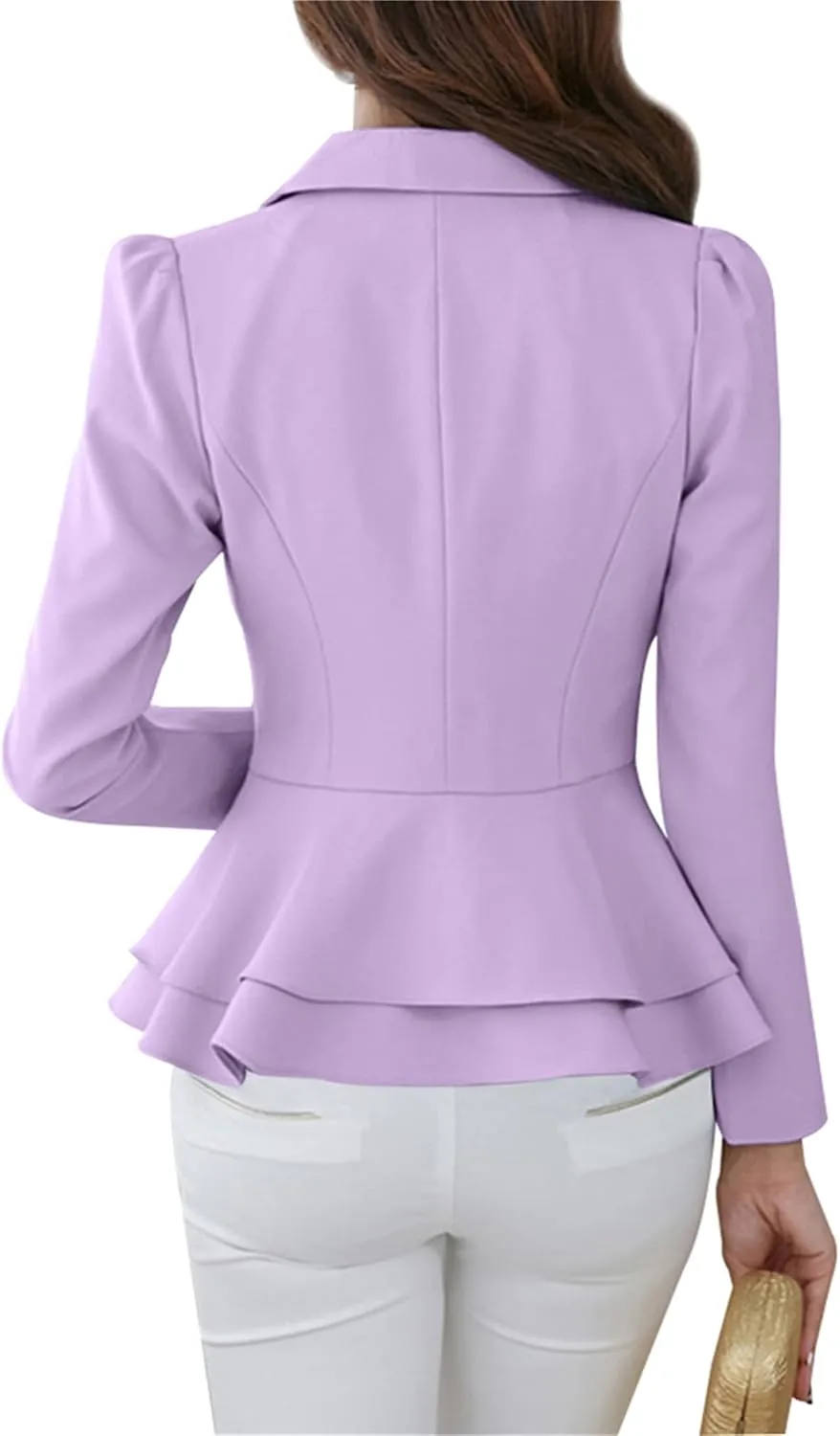 OMZIN Women's Casual Long Sleeve Blazer Work Office Blazer Ruffled Back Blazer Solid Button Coat