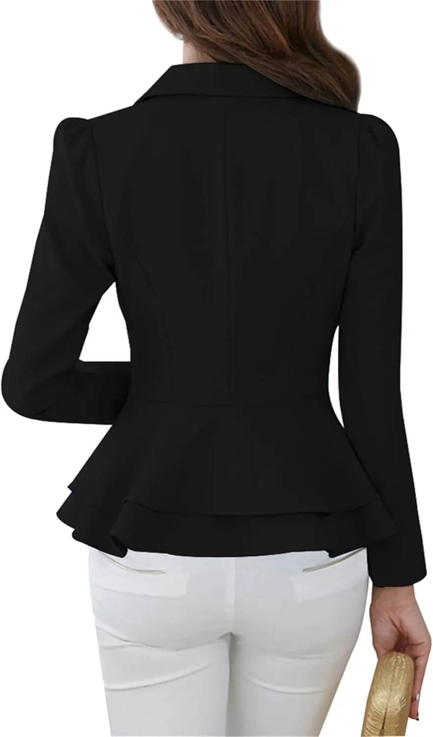 OMZIN Women's Casual Long Sleeve Blazer Work Office Blazer Ruffled Back Blazer Solid Button Coat