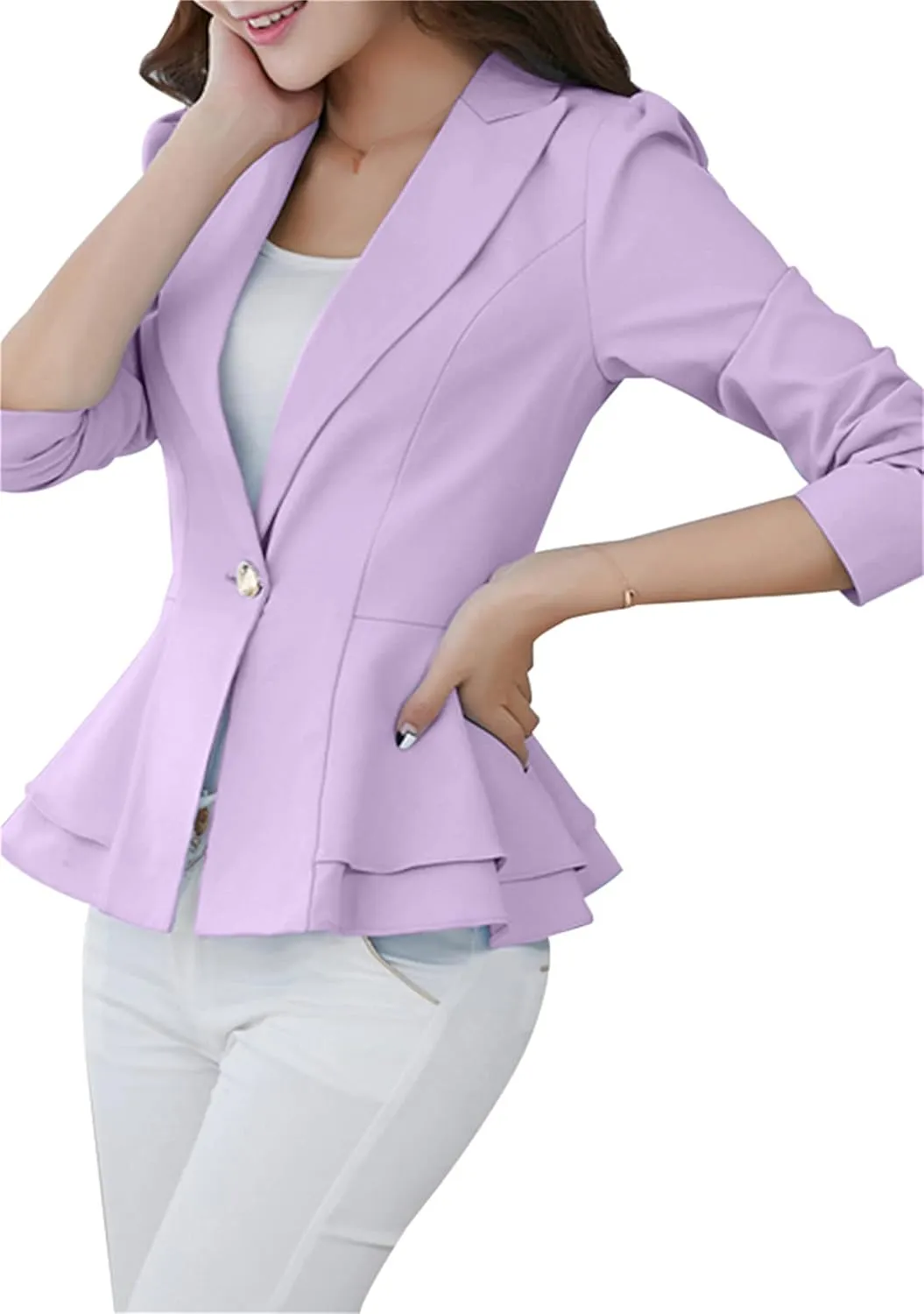 OMZIN Women's Casual Long Sleeve Blazer Work Office Blazer Ruffled Back Blazer Solid Button Coat