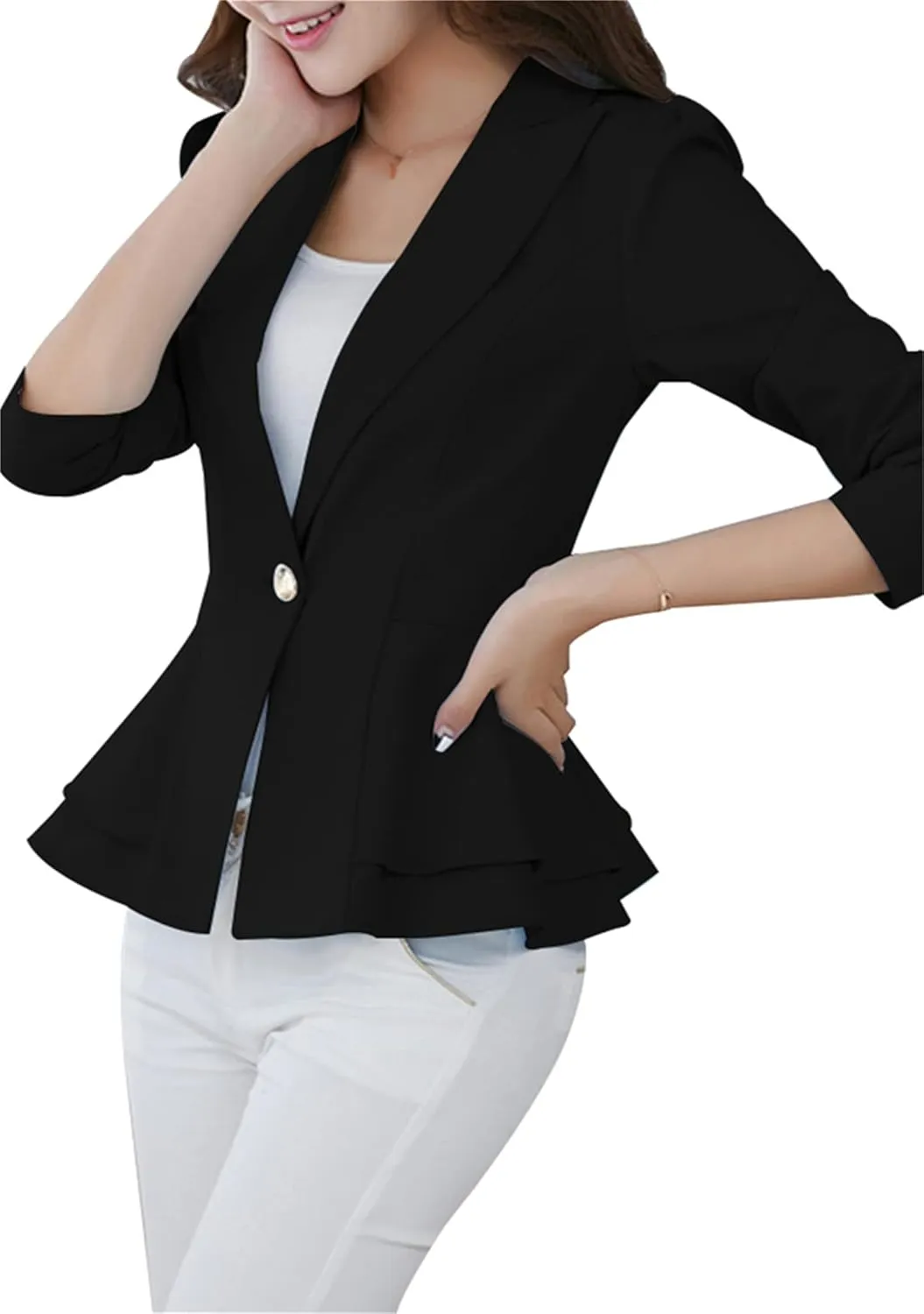 OMZIN Women's Casual Long Sleeve Blazer Work Office Blazer Ruffled Back Blazer Solid Button Coat