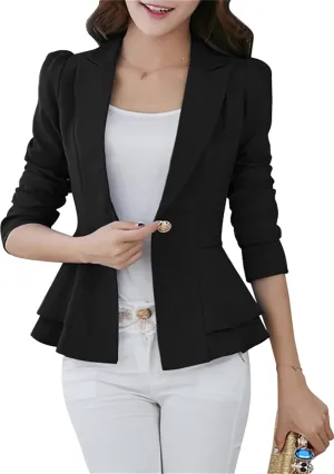 OMZIN Women's Casual Long Sleeve Blazer Work Office Blazer Ruffled Back Blazer Solid Button Coat