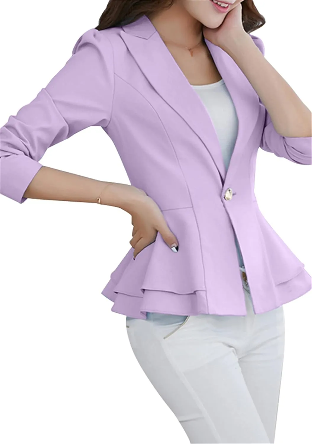 OMZIN Women's Casual Long Sleeve Blazer Work Office Blazer Ruffled Back Blazer Solid Button Coat