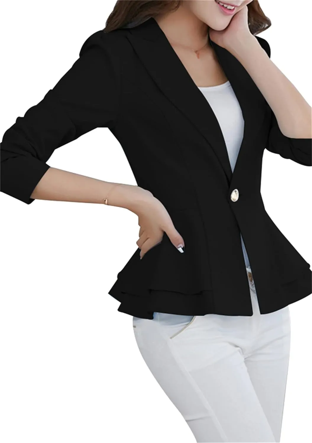OMZIN Women's Casual Long Sleeve Blazer Work Office Blazer Ruffled Back Blazer Solid Button Coat