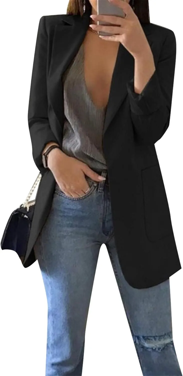 OMZIN Women's Lapel Pockets Long Sleeve Blazer Open Front Coat Jacket