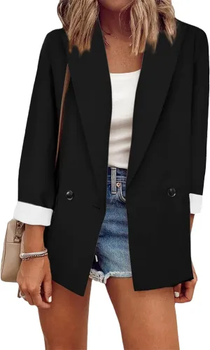 OMZIN Women's Lapel Pockets Long Sleeve Blazer Open Front Coat Jacket