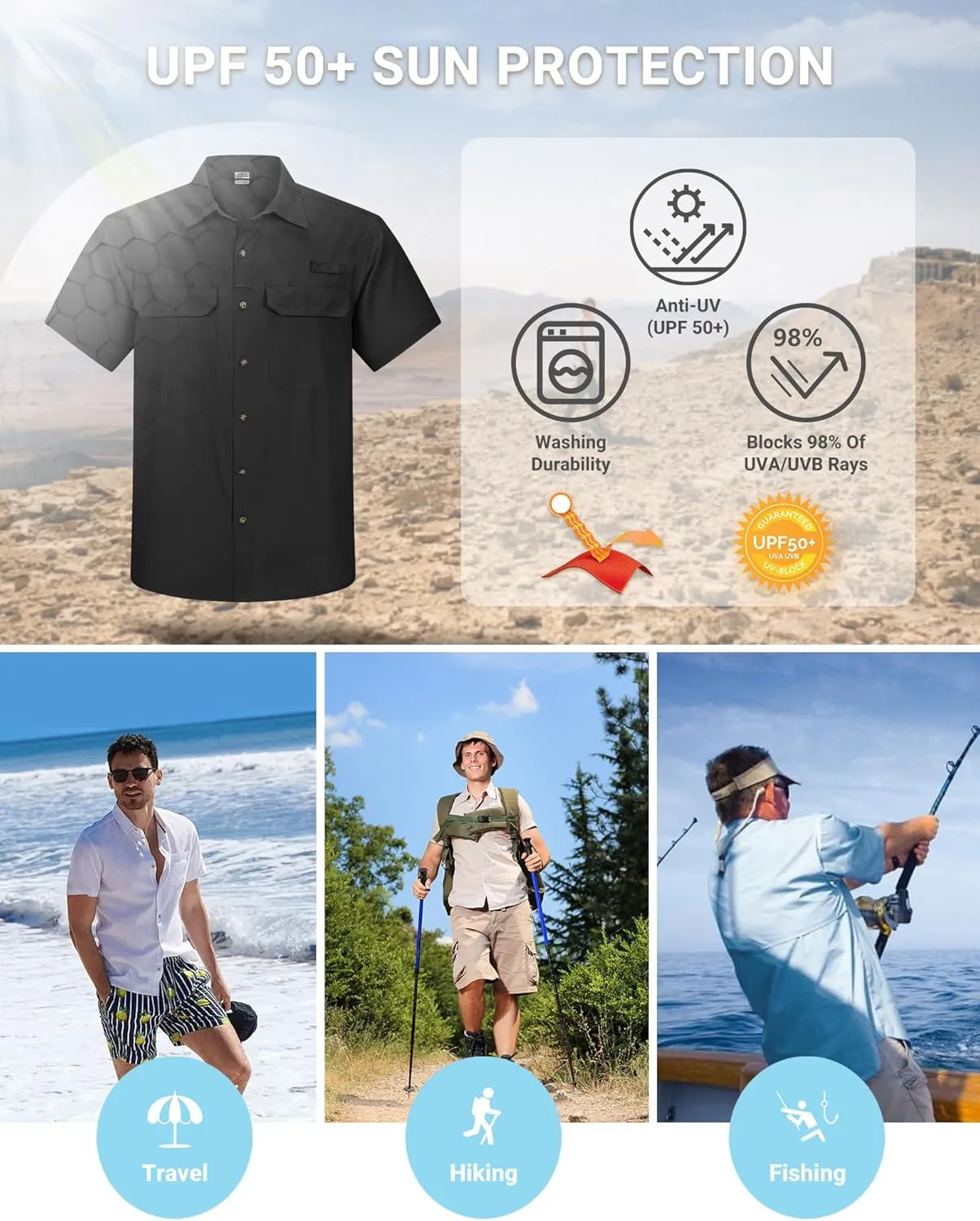 Outdoor Ventures Men's Lightweight Short Sleeve Fishing Shirt UPF 50 Button Down Quick Dry Cooling Hiking Travel Safari Shirt