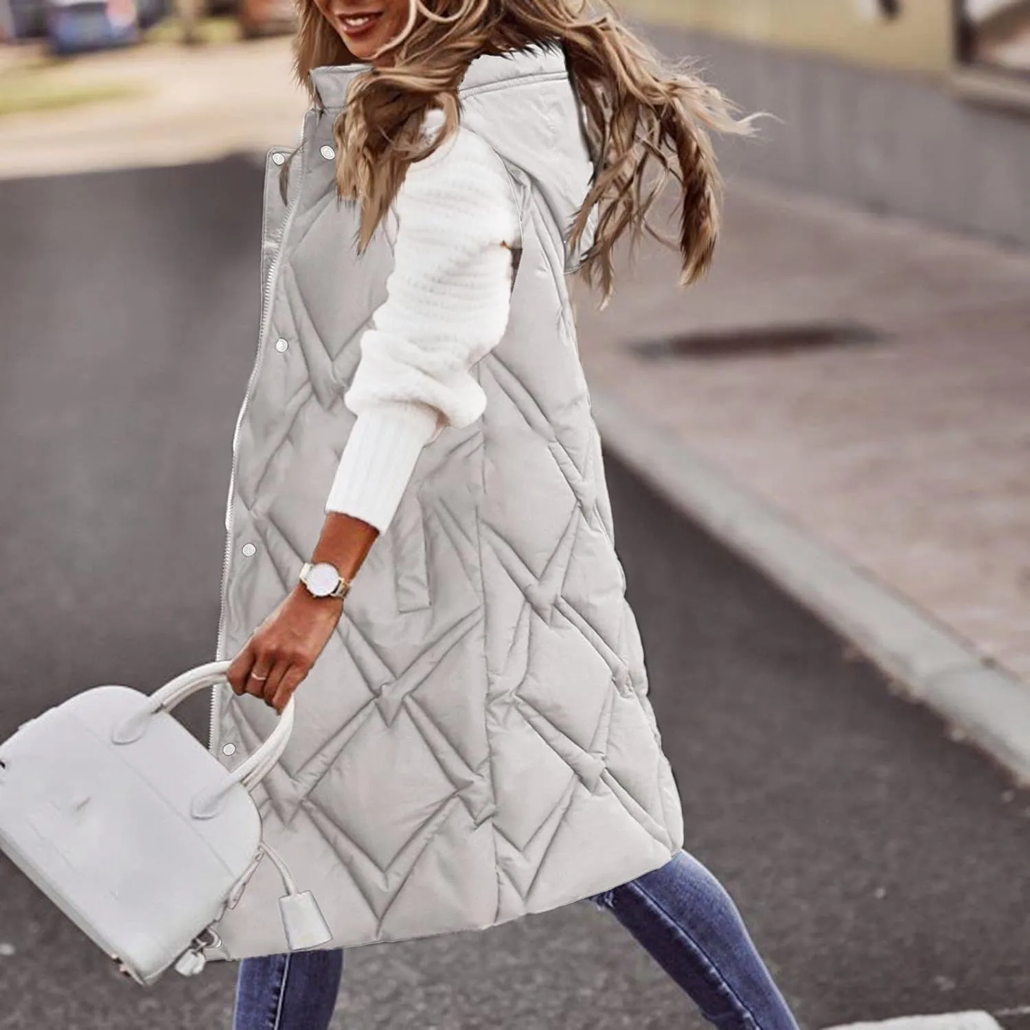 Outdoor With Hood Sleeveless Jacket With Pockets Down Women's Winter Long Warm Popcorn Cardigans for Women