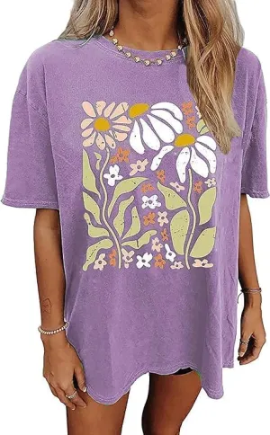 Oversized Graphic T-Shirt for Women Vintage Floral Shirt Rock Band Music Guitar Tee Casual Holiday Cute Plant Tops