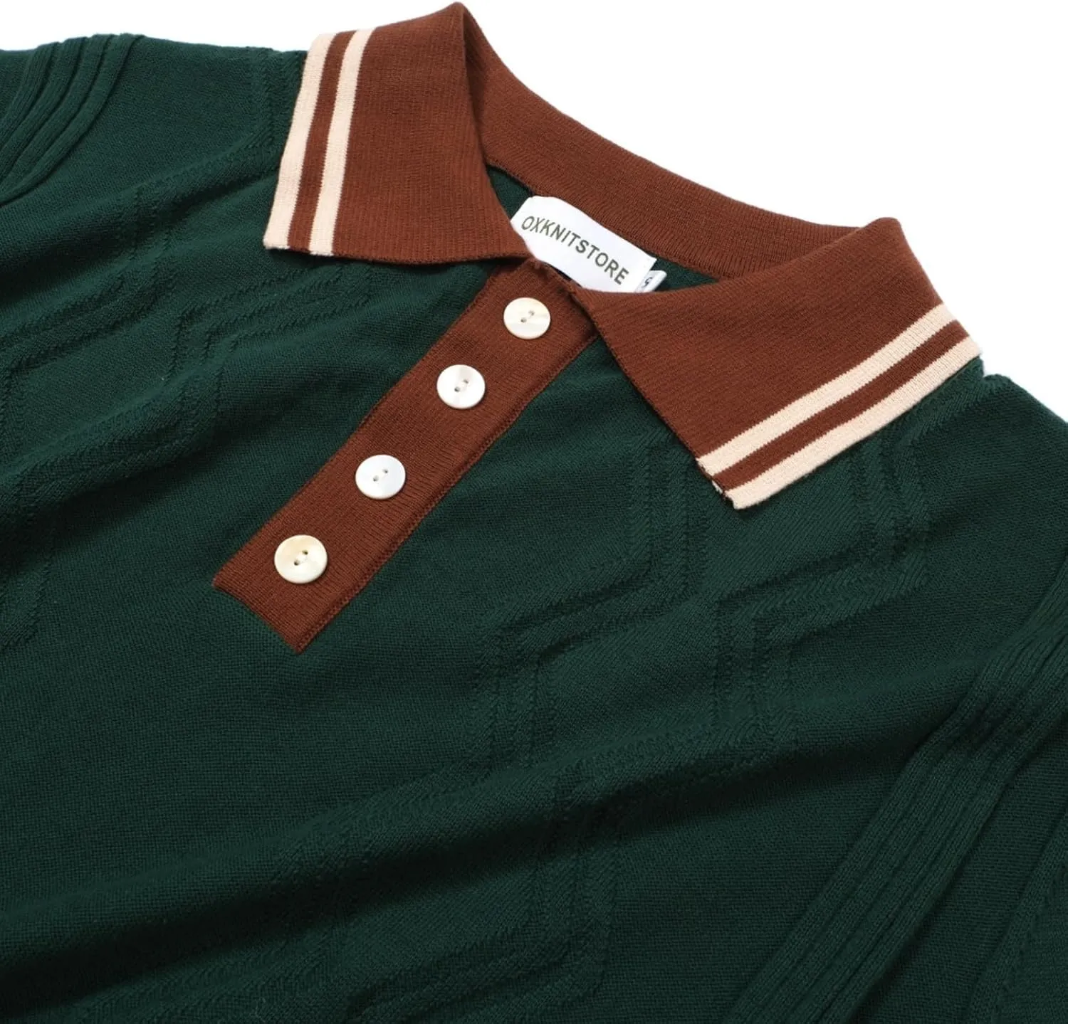 OXKNIT Mens Knitted Vintage Polo Shirt, 1960s Mod Style Retro Polo Textures Shirt with Double Line Neck
