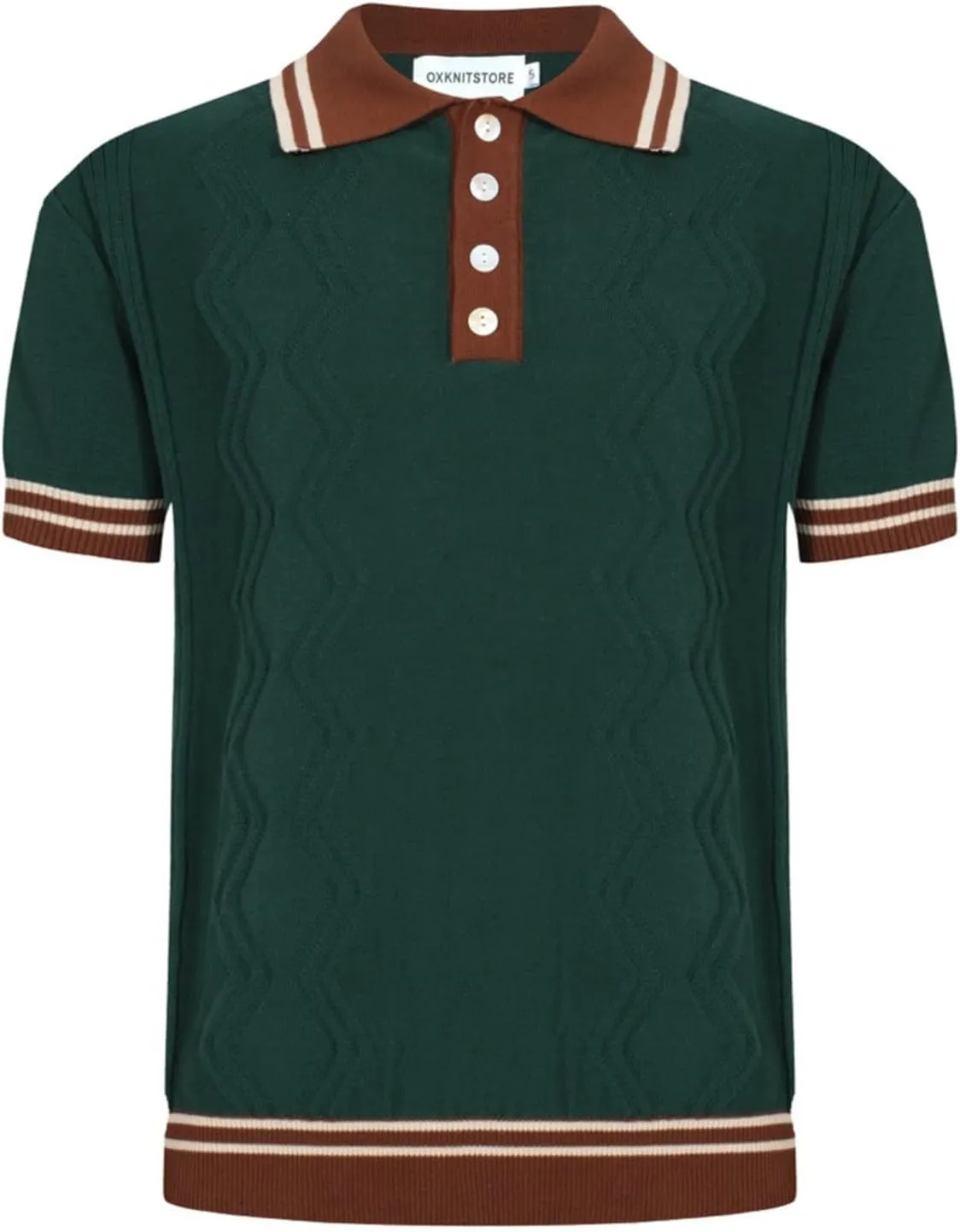OXKNIT Mens Knitted Vintage Polo Shirt, 1960s Mod Style Retro Polo Textures Shirt with Double Line Neck
