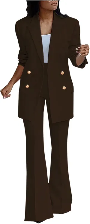 Pants Suit for Women 2 Piece Outfits Long Sleeve Button Business Blazer Suits Set High Waisted Bell Bottom Pants