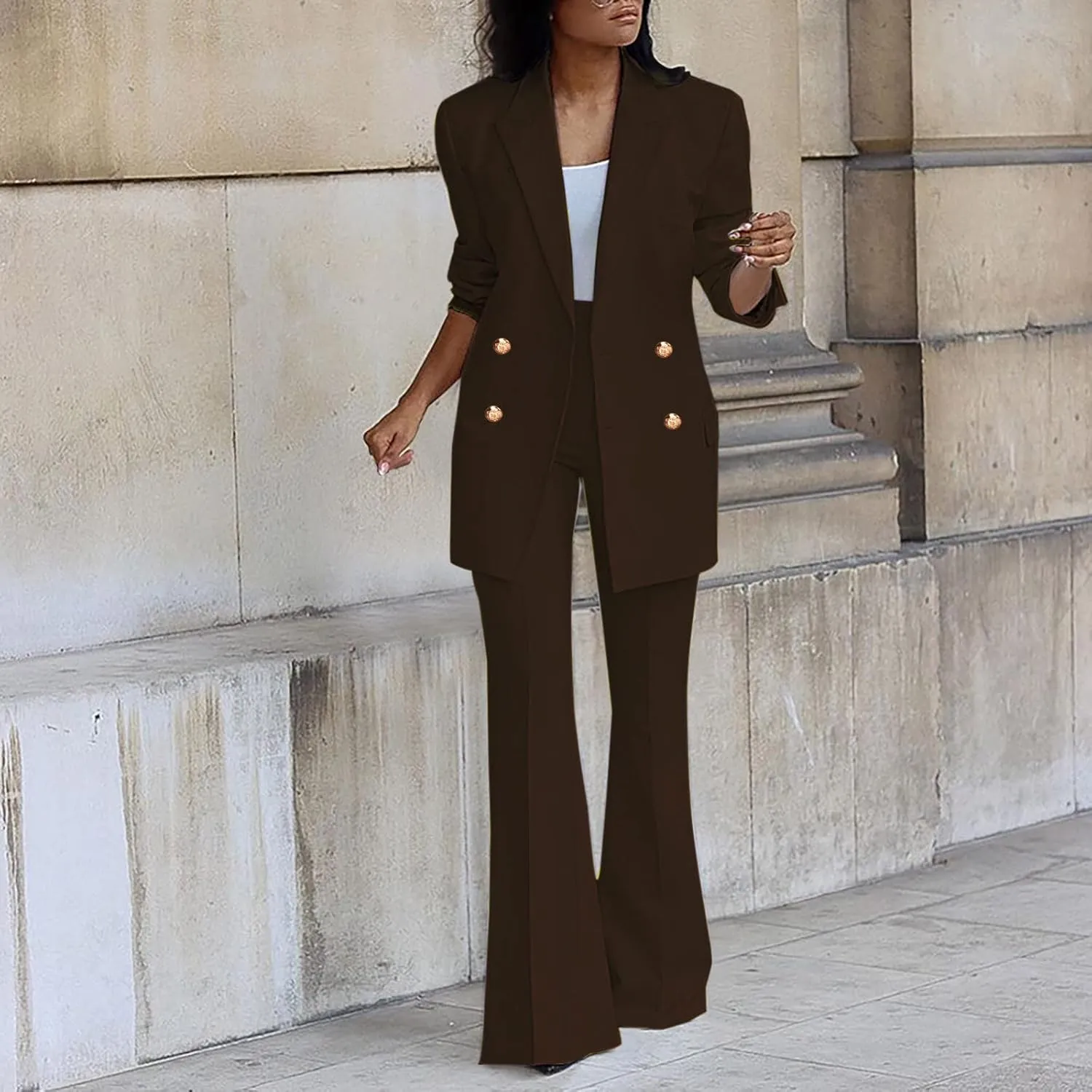 Pants Suit for Women 2 Piece Outfits Long Sleeve Button Business Blazer Suits Set High Waisted Bell Bottom Pants