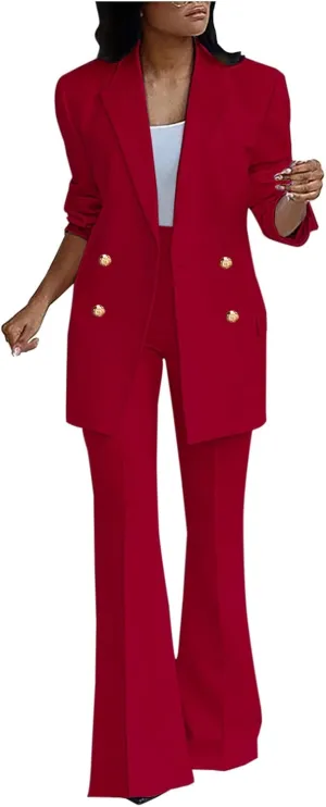 Pants Suit for Women 2 Piece Outfits Long Sleeve Button Business Blazer Suits Set High Waisted Bell Bottom Pants