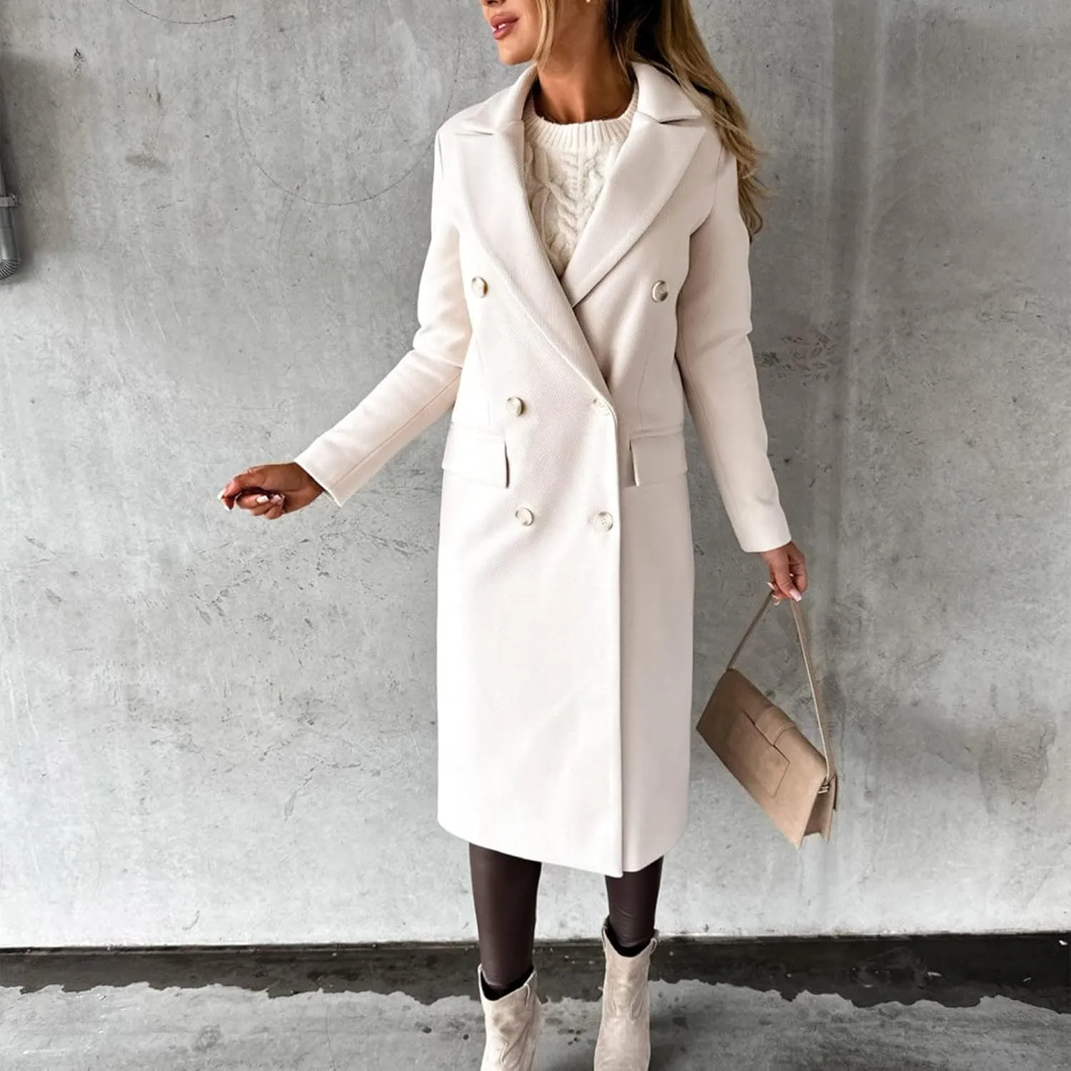 Pea Coats for Women Double Breasted Warm Winter Trench Coat Notched Collar Open Front Overcoat Outwear