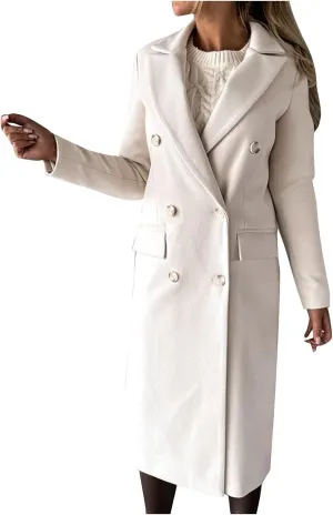 Pea Coats for Women Double Breasted Warm Winter Trench Coat Notched Collar Open Front Overcoat Outwear