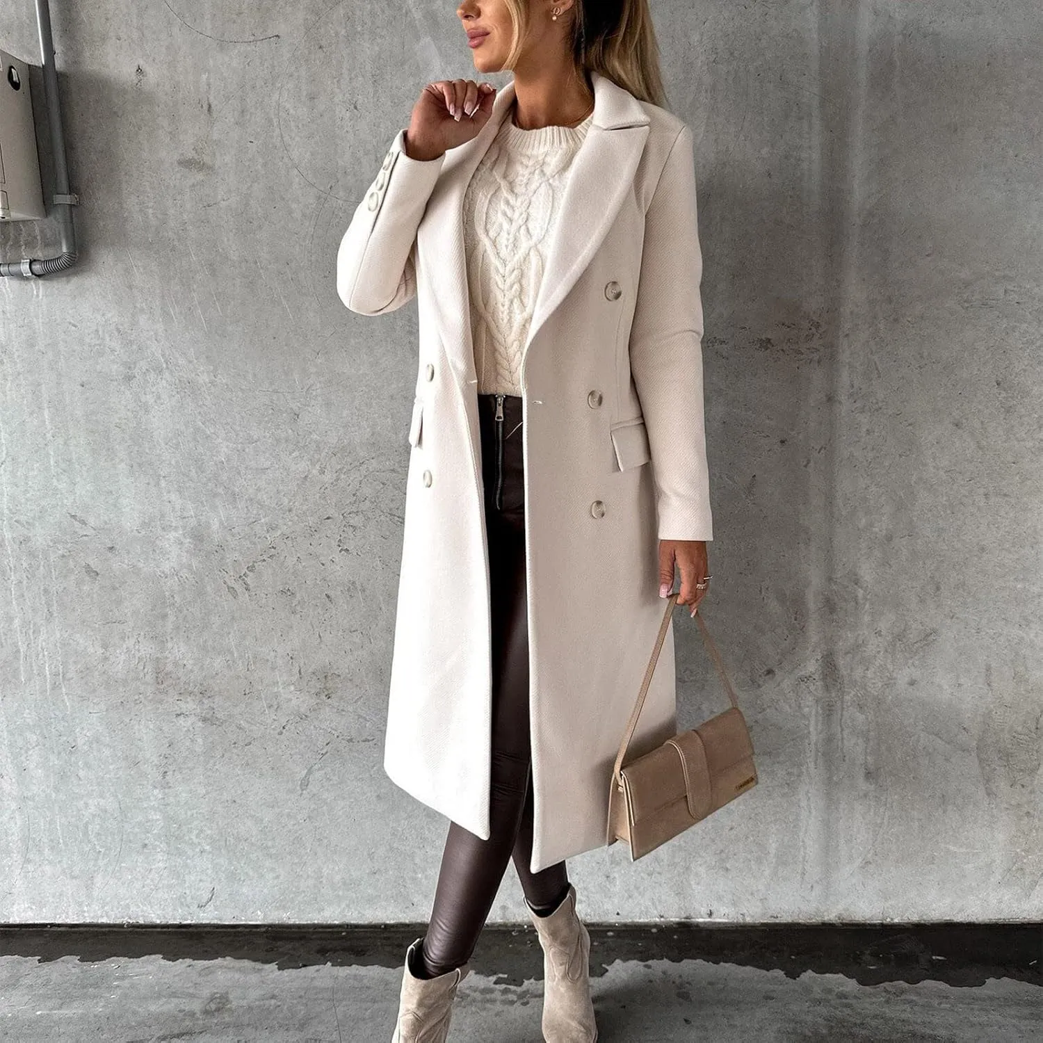 Pea Coats for Women Double Breasted Warm Winter Trench Coat Notched Collar Open Front Overcoat Outwear