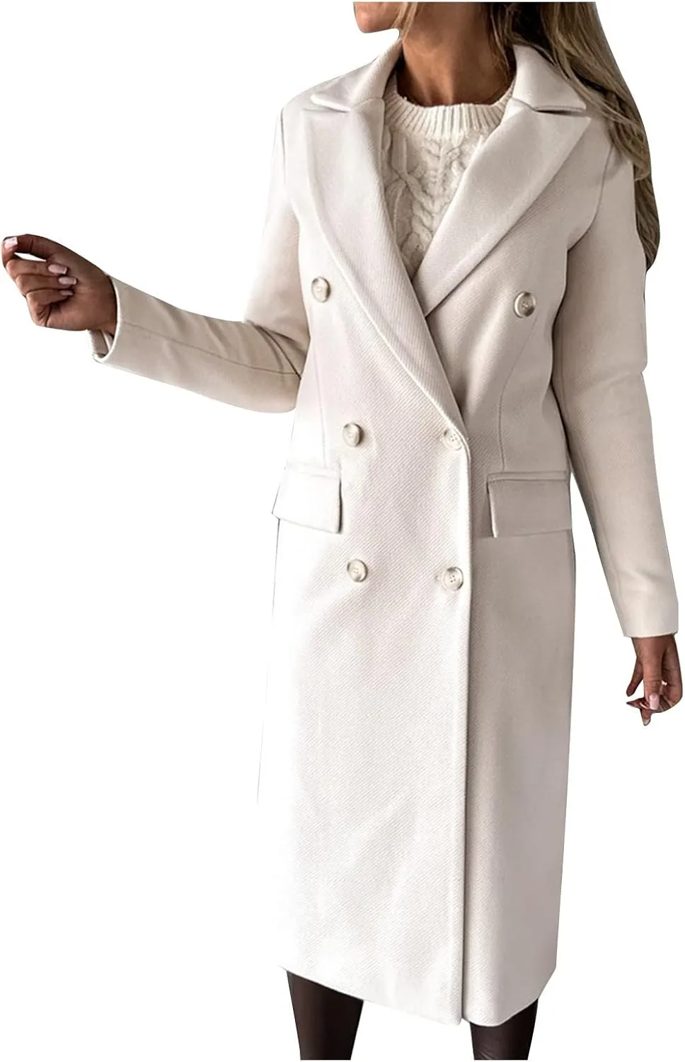 Pea Coats for Women Double Breasted Warm Winter Trench Coat Notched Collar Open Front Overcoat Outwear