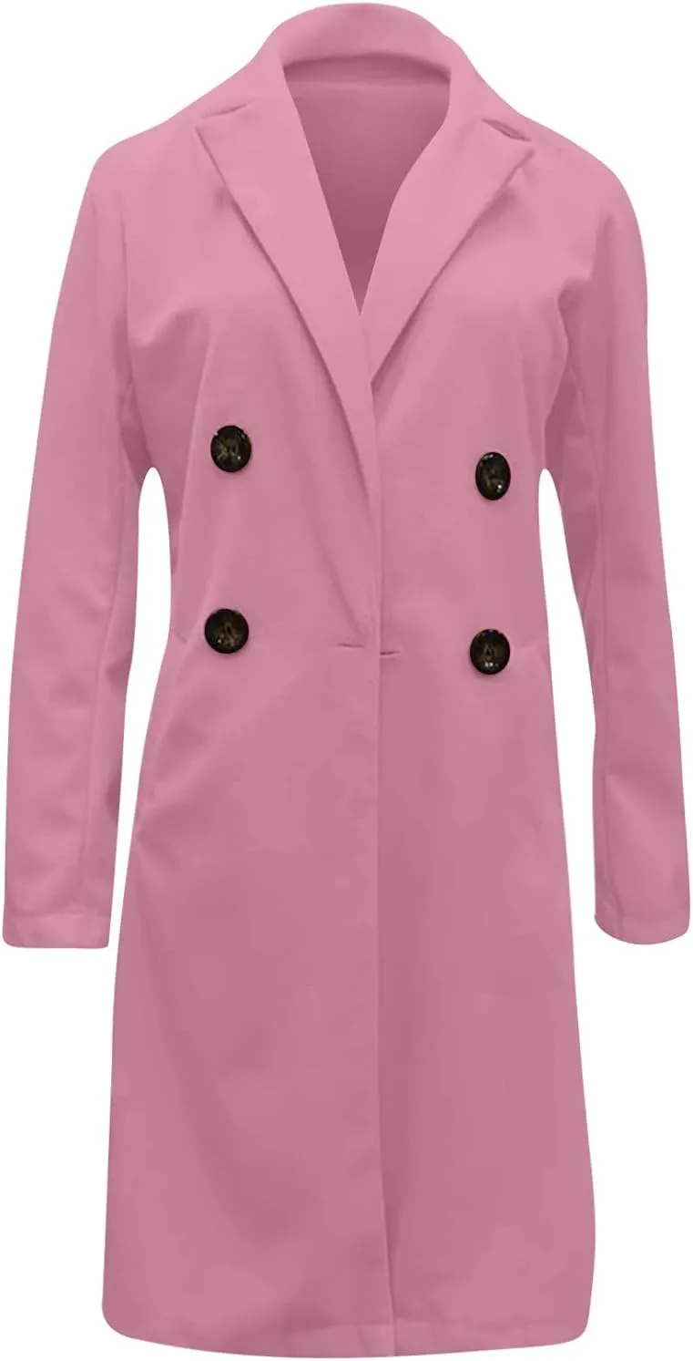 Pea Coats For Women,2024 Trendy Classic Notched Lapel Collar Double Breasted Trench Coat Mid Slim Fit Winter Coats