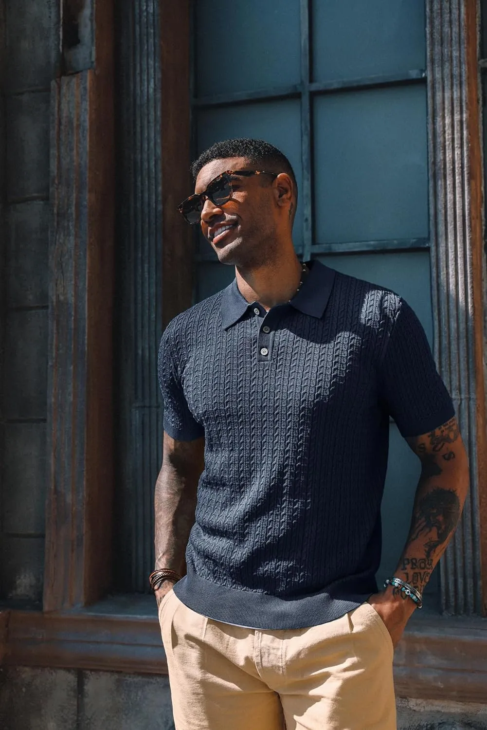 PJ PAUL JONES Mens Knit Polo Shirt Short Sleeve Hollow Out Knit Shirt Texture Knitted Polo