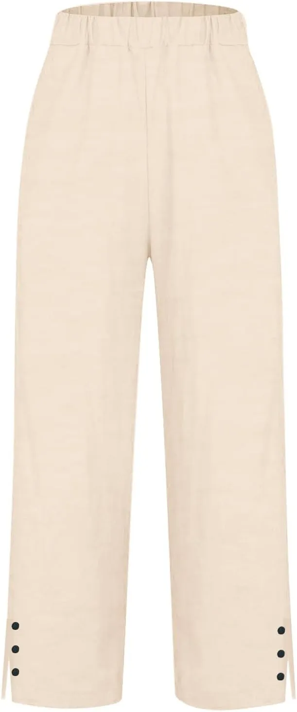 Plus Size Linen Pants for Women High Waisted Drawstring Cropped Capri Pants Casual Summer Work Pants Trousers 2025