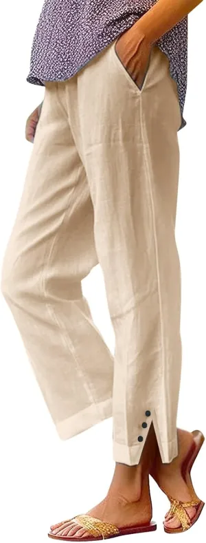 Plus Size Linen Pants for Women High Waisted Drawstring Cropped Capri Pants Casual Summer Work Pants Trousers 2025