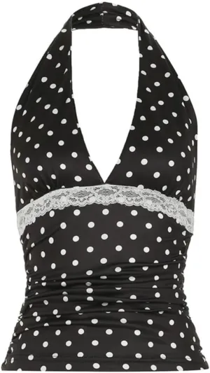 Polka Dot Tank Top for Women Tie Back Halter Top Y2k Vintage Camisole 2000s Fashion Downtown Girl Clothes
