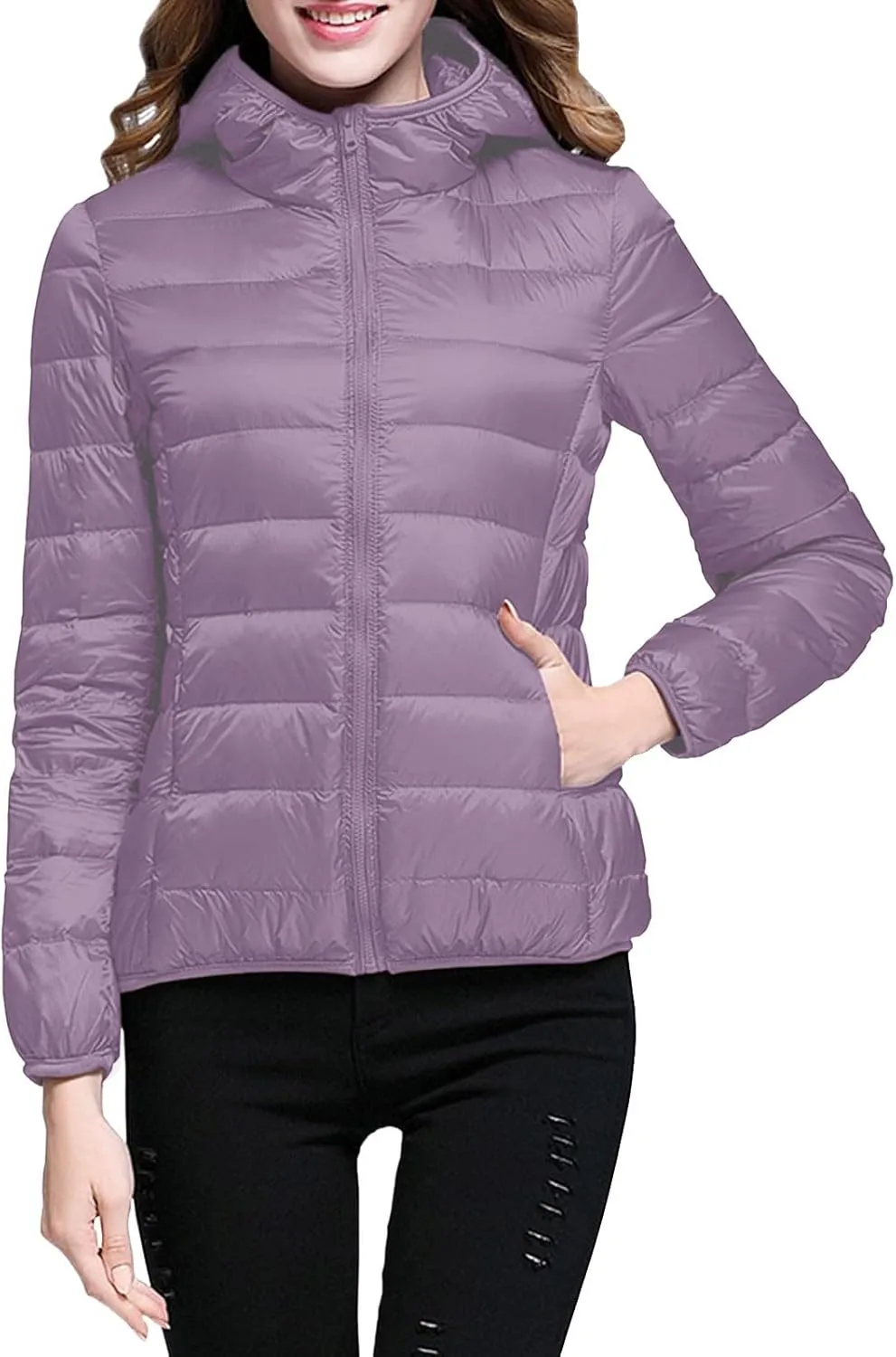Puffer Jacket Womens Hooded Solid Color Casual Down Coat Winter 2023 Outwear Warm Down Jacket Lightweight Outerwear