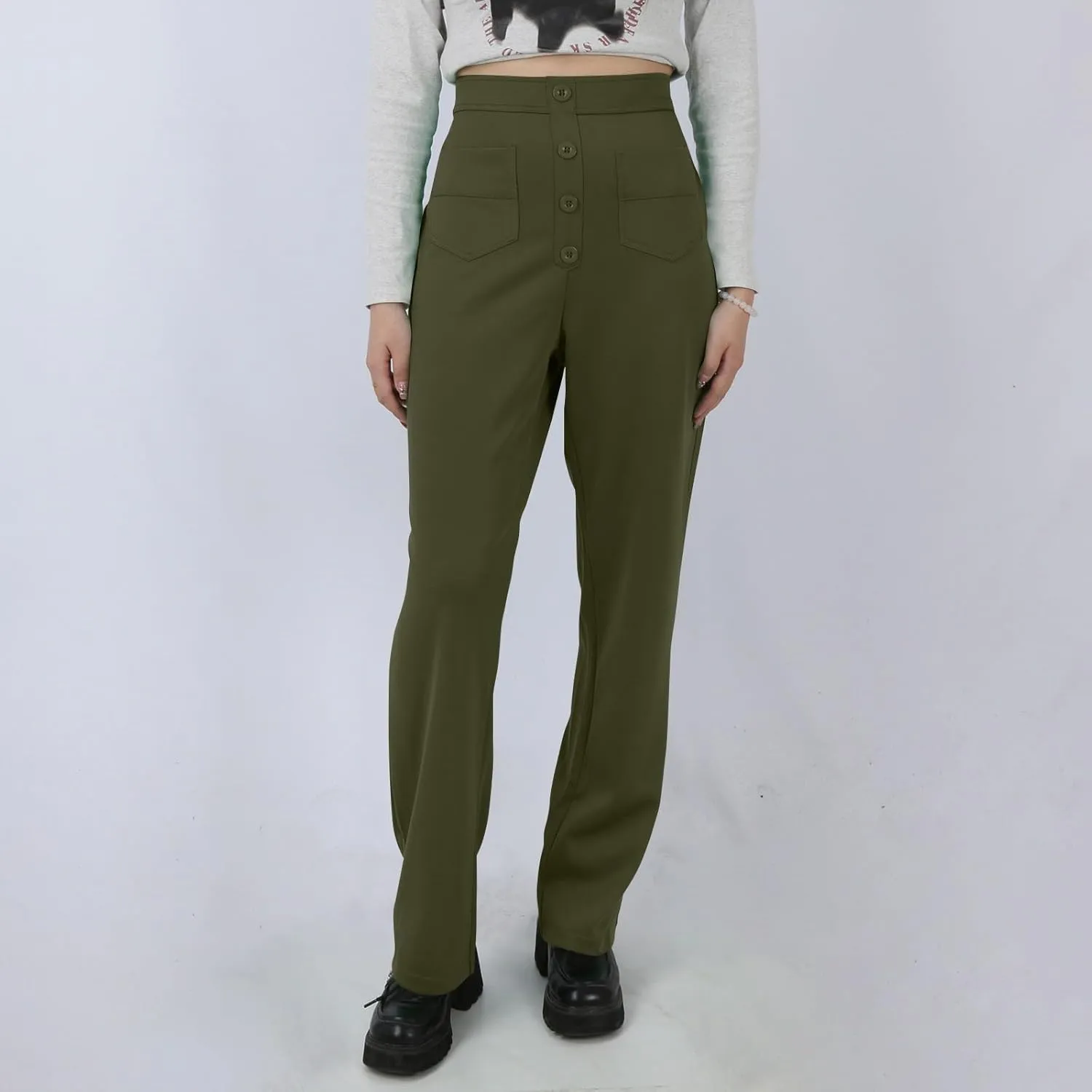 Pull On Dress Pants for Women Slim Fit High Waist Tall Work Pants Straight Leg Business Casual Trousers with Pockets