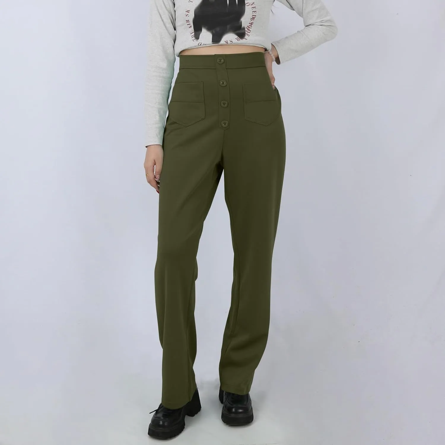 Pull On Dress Pants for Women Slim Fit High Waist Tall Work Pants Straight Leg Business Casual Trousers with Pockets