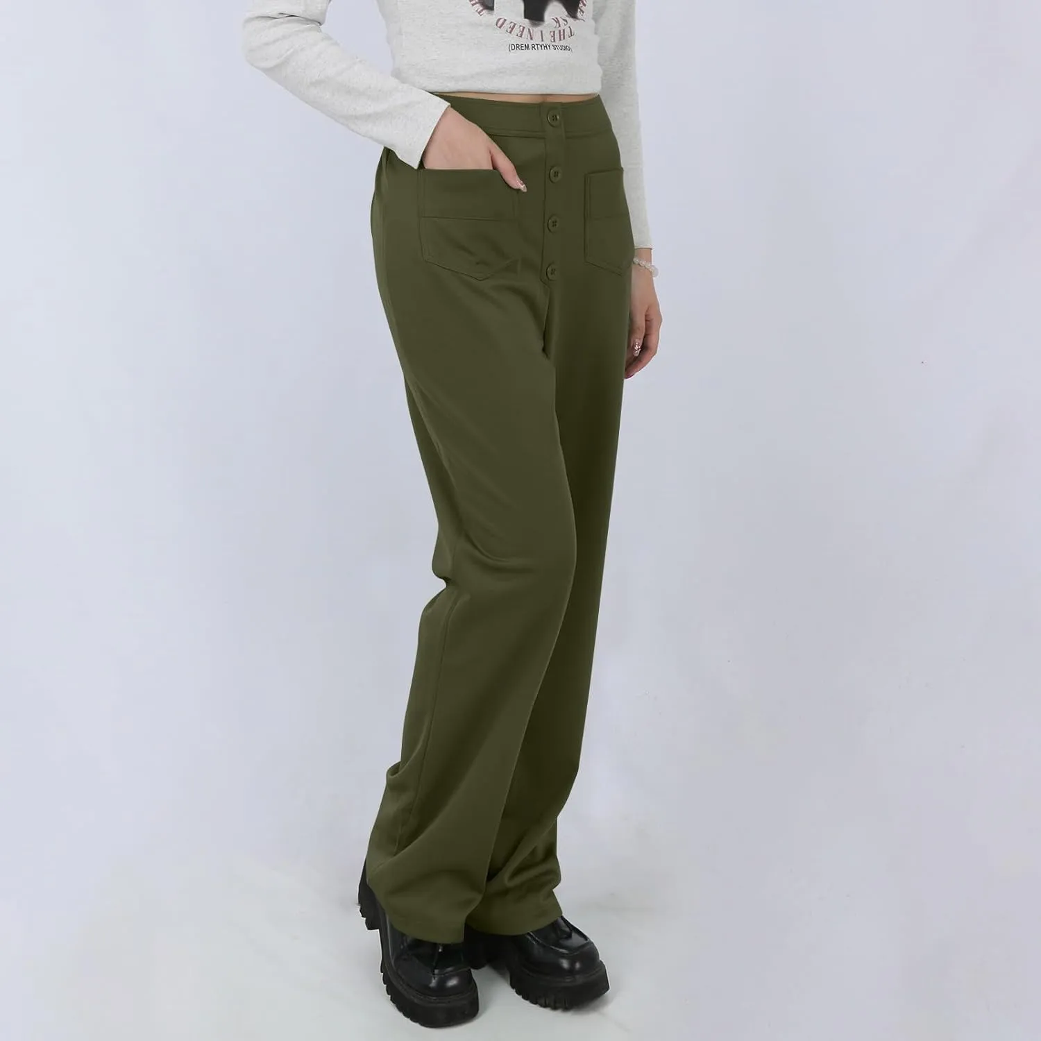 Pull On Dress Pants for Women Slim Fit High Waist Tall Work Pants Straight Leg Business Casual Trousers with Pockets