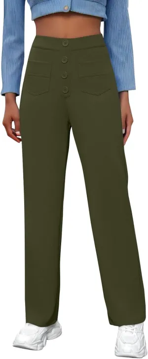 Pull On Dress Pants for Women Slim Fit High Waist Tall Work Pants Straight Leg Business Casual Trousers with Pockets