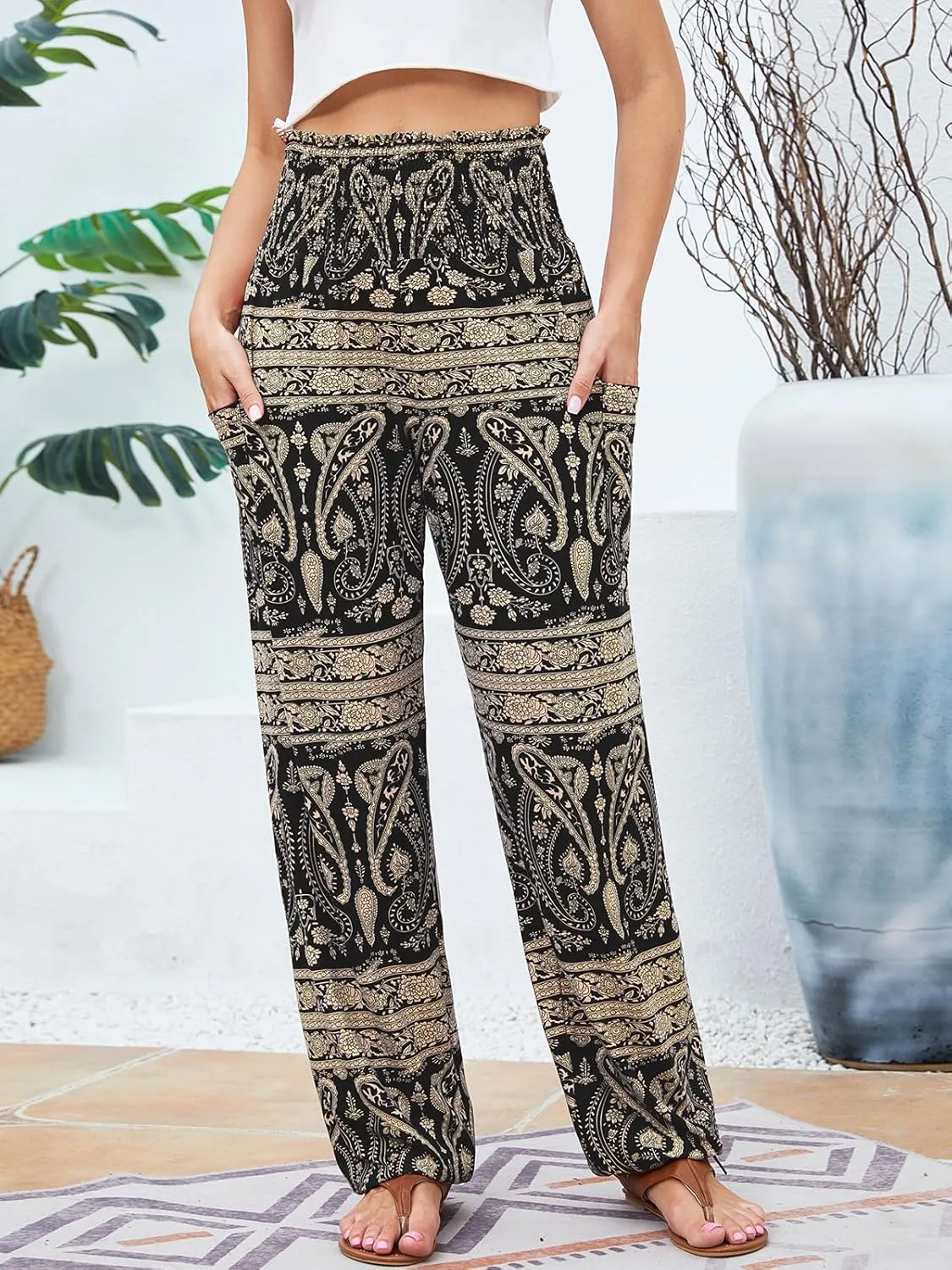QIANXIZHAN Women's Harem Pants, High Waist Yoga Boho Trousers with Pockets