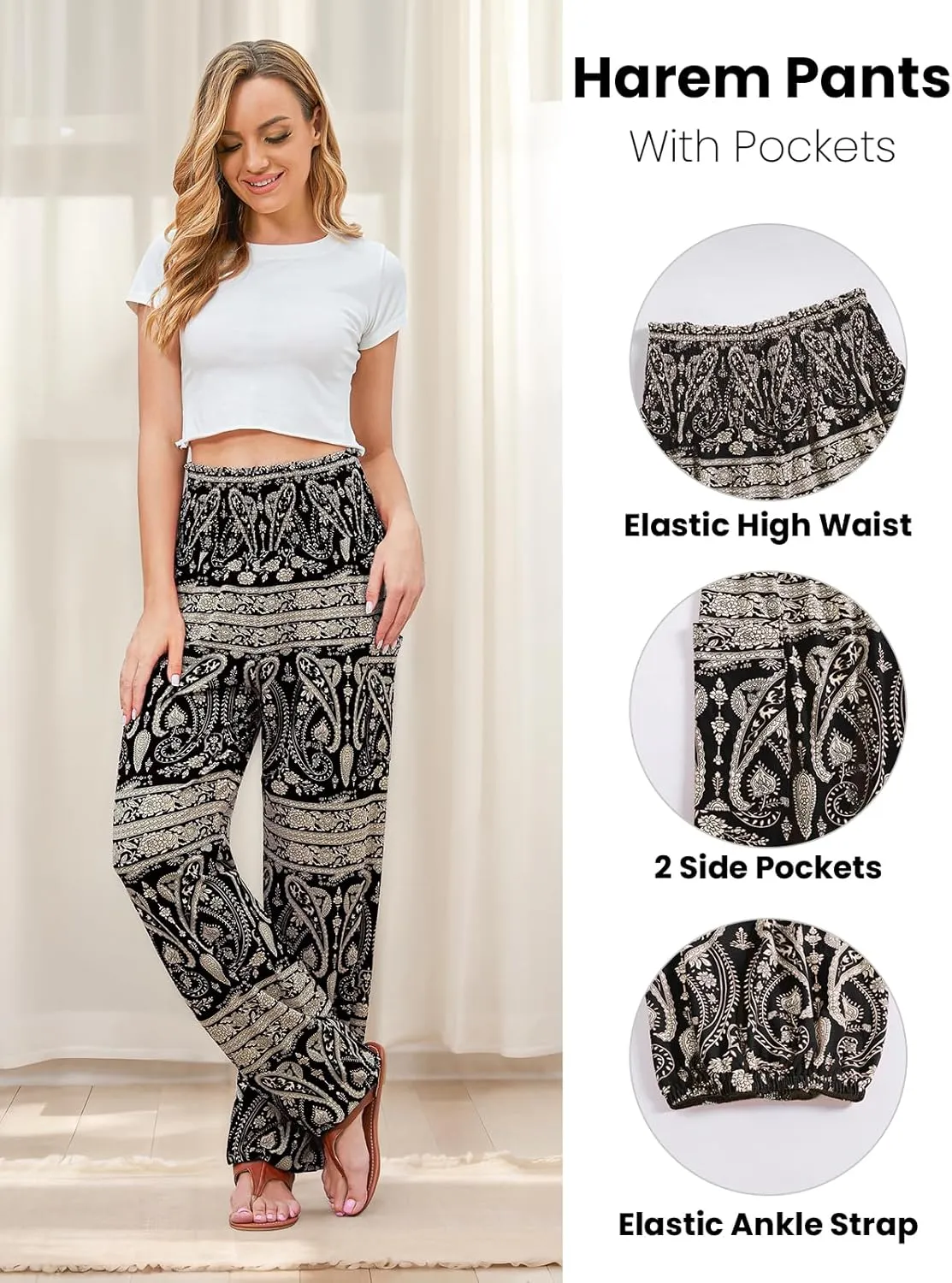 QIANXIZHAN Women's Harem Pants, High Waist Yoga Boho Trousers with Pockets