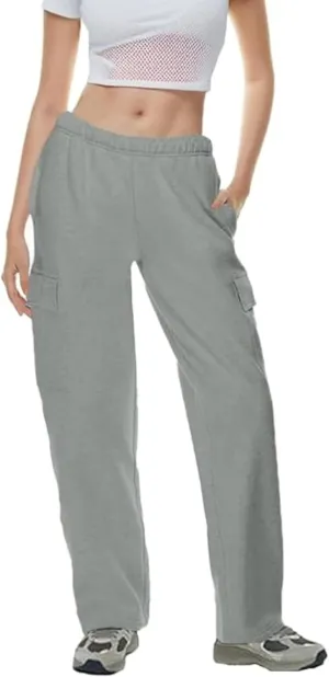 QIBABU Womens Fleece Cargo Sweatpants Casual Baggy Wide Leg Jogger Pants Athletic Open Bottom with Pockets