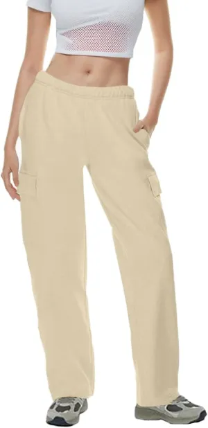 QIBABU Womens Fleece Cargo Sweatpants Casual Baggy Wide Leg Jogger Pants Athletic Open Bottom with Pockets