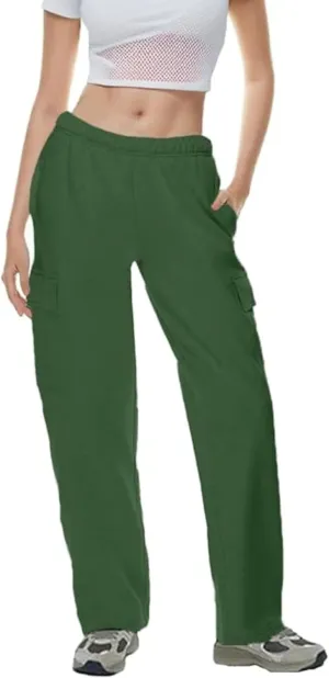 QIBABU Womens Fleece Cargo Sweatpants Casual Baggy Wide Leg Jogger Pants Athletic Open Bottom with Pockets
