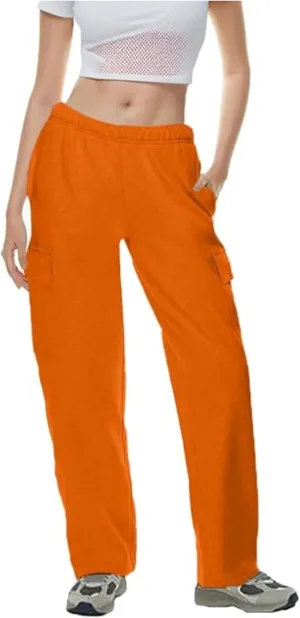 QIBABU Womens Fleece Cargo Sweatpants Casual Baggy Wide Leg Jogger Pants Athletic Open Bottom with Pockets