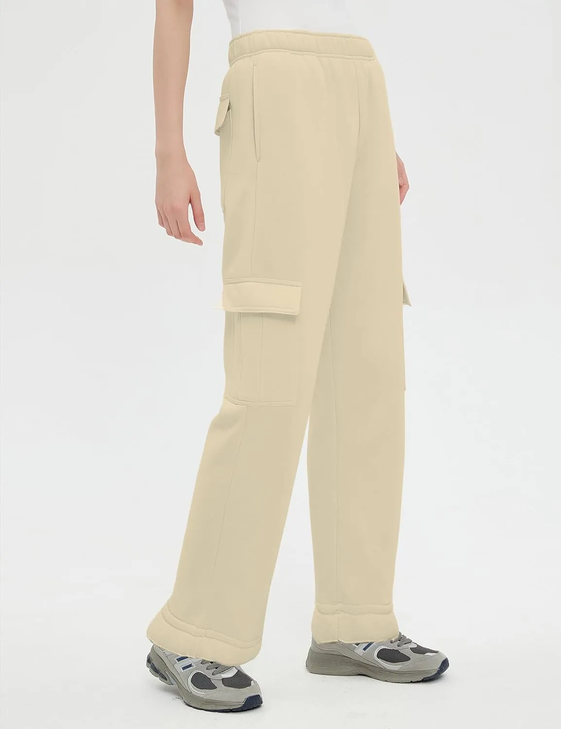 QIBABU Womens Fleece Cargo Sweatpants Casual Baggy Wide Leg Jogger Pants Athletic Open Bottom with Pockets