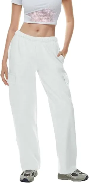 QIBABU Womens Fleece Cargo Sweatpants Casual Baggy Wide Leg Jogger Pants Athletic Open Bottom with Pockets